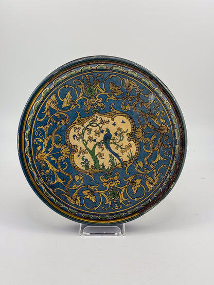 Vintage Beautebox CANCO Round Tin Box with Baroque Gold Scroll & Peacock, 9.5" Diameter