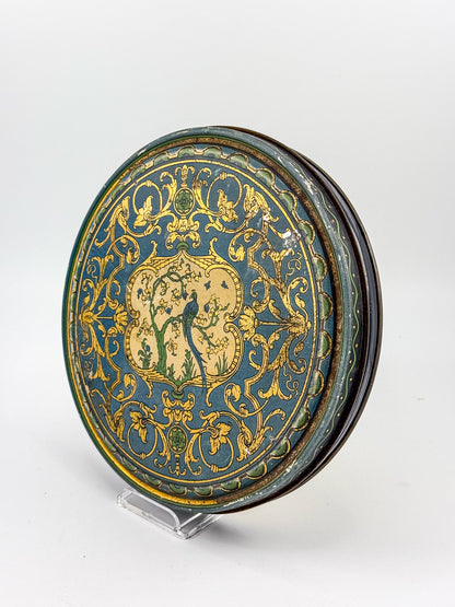 Vintage Beautebox CANCO Round Tin Box with Baroque Gold Scroll & Peacock, 9.5" Diameter
