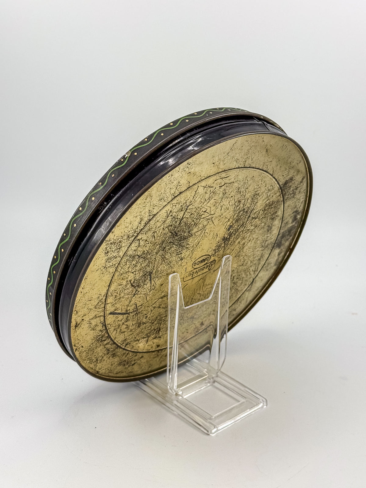 Vintage Beautebox CANCO Round Tin Box with Baroque Gold Scroll & Peacock, 9.5" Diameter