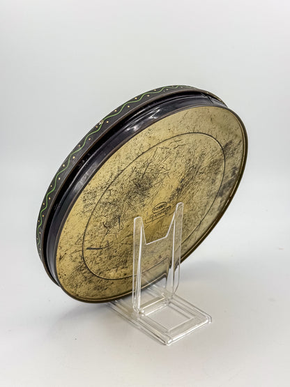 Vintage Beautebox CANCO Round Tin Box with Baroque Gold Scroll & Peacock, 9.5" Diameter