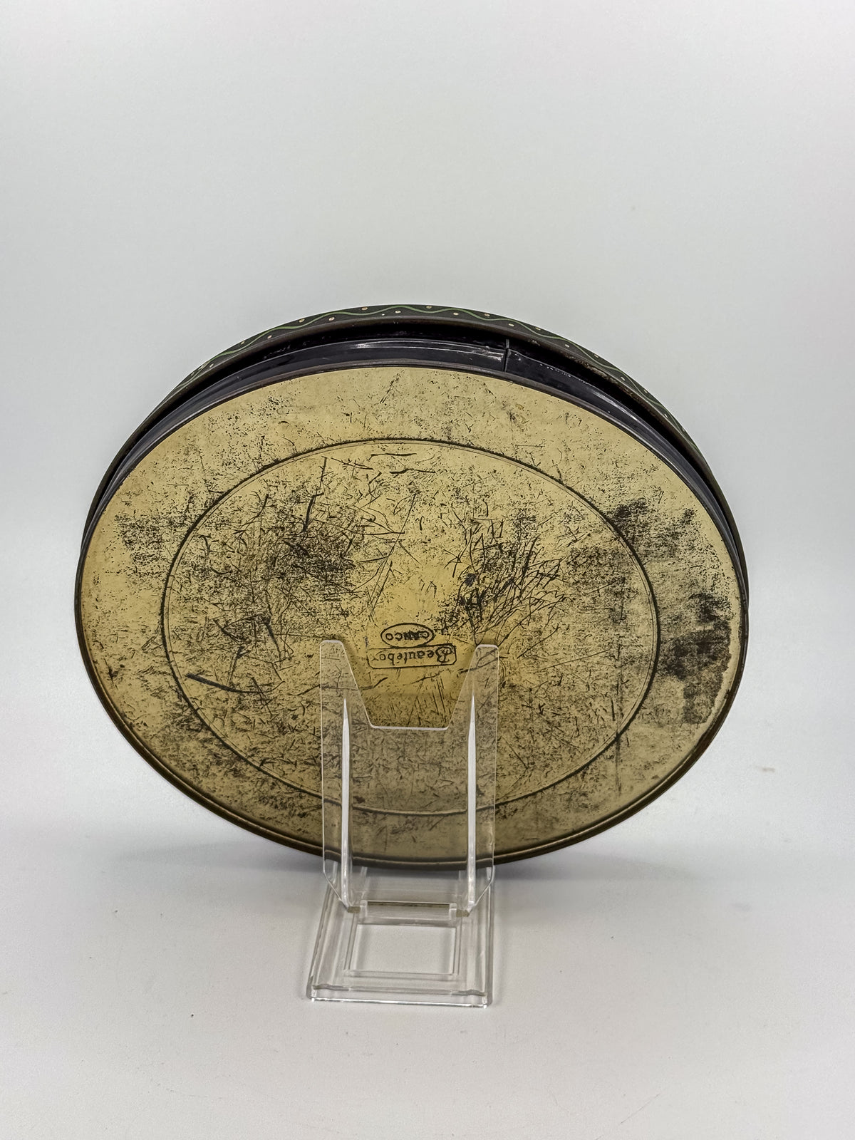 Vintage Beautebox CANCO Round Tin Box with Baroque Gold Scroll & Peacock, 9.5" Diameter