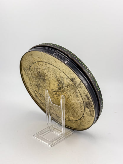 Vintage Beautebox CANCO Round Tin Box with Baroque Gold Scroll & Peacock, 9.5" Diameter