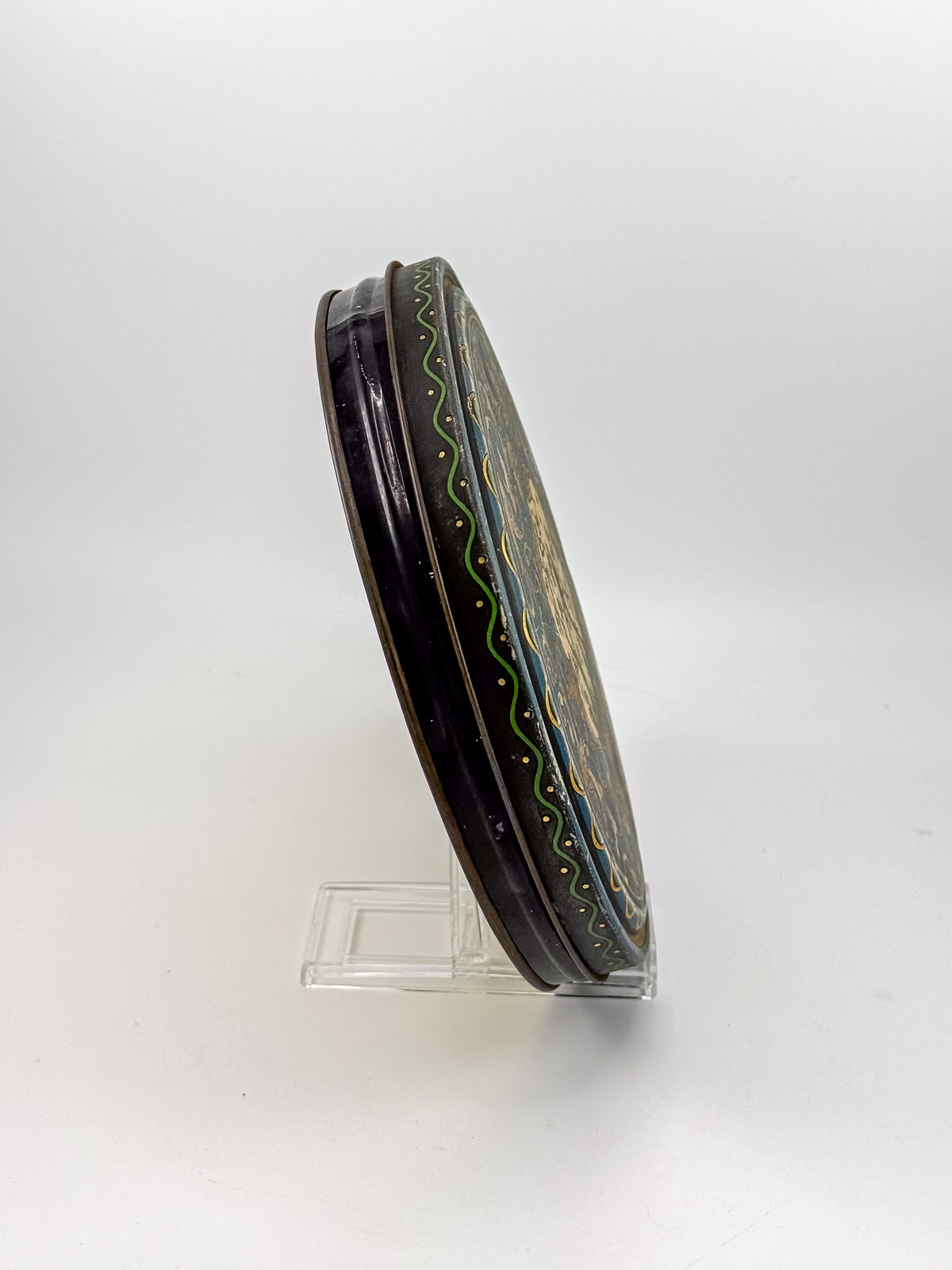 Vintage Beautebox CANCO Round Tin Box with Baroque Gold Scroll & Peacock, 9.5" Diameter