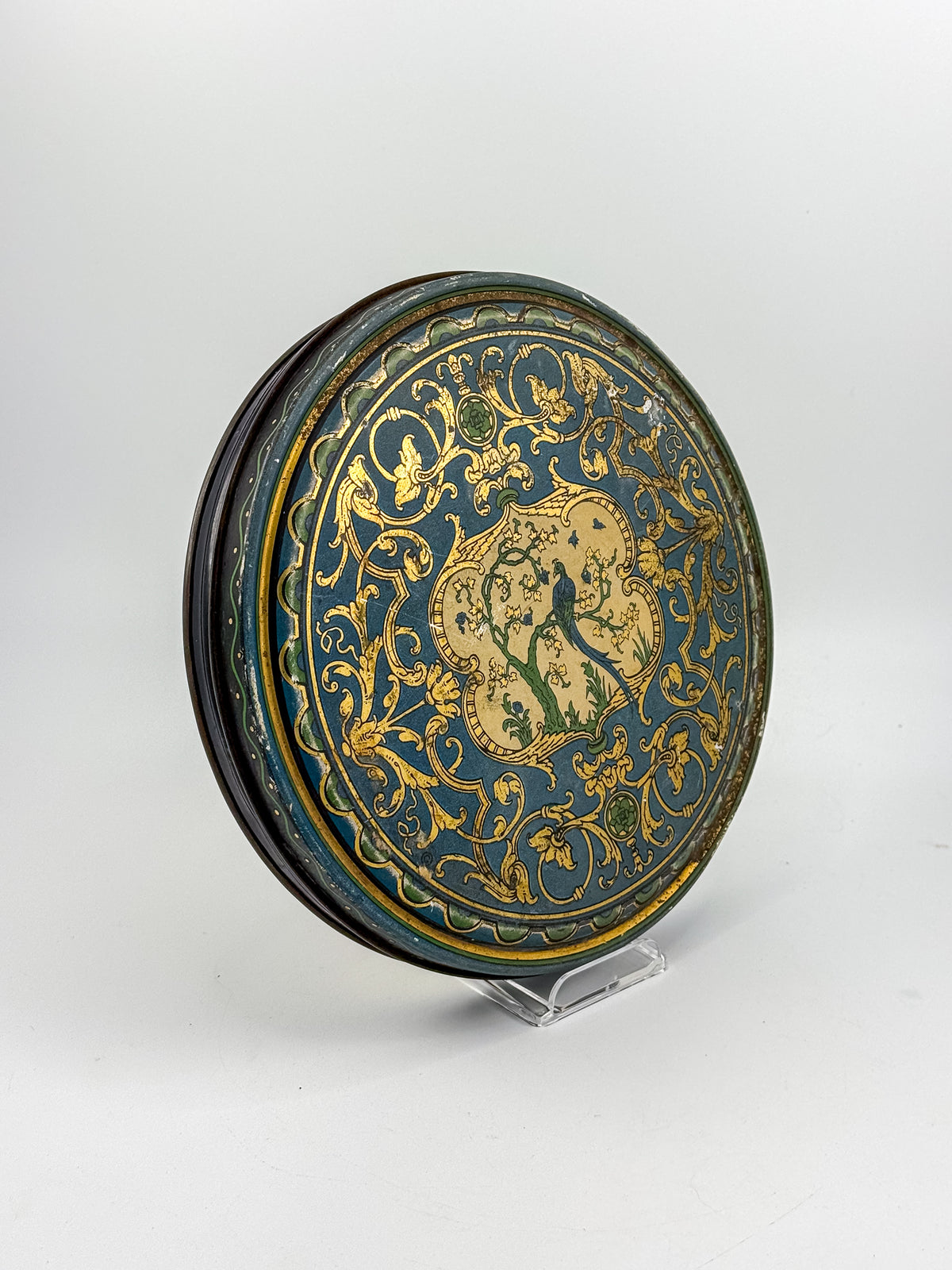 Vintage Beautebox CANCO Round Tin Box with Baroque Gold Scroll & Peacock, 9.5" Diameter