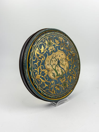 Vintage Beautebox CANCO Round Tin Box with Baroque Gold Scroll & Peacock, 9.5" Diameter