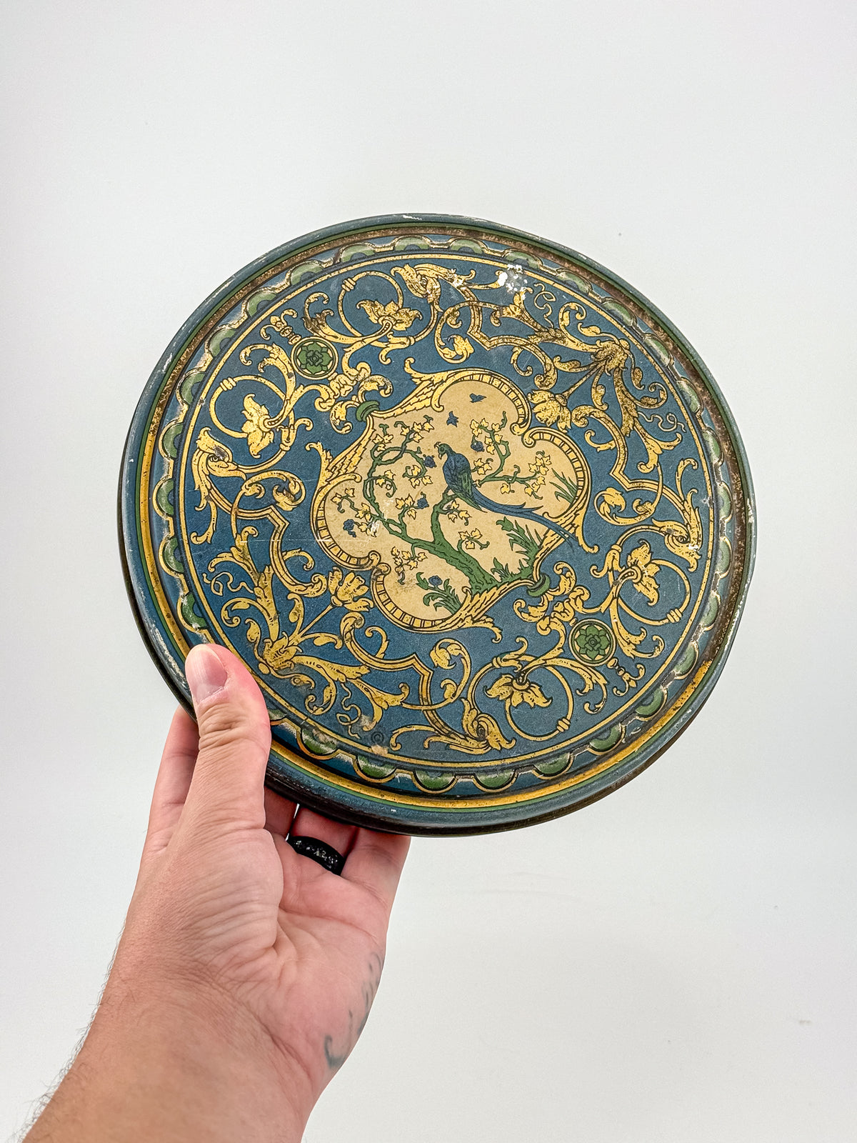 Vintage Beautebox CANCO Round Tin Box with Baroque Gold Scroll & Peacock, 9.5" Diameter