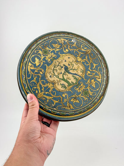 Vintage Beautebox CANCO Round Tin Box with Baroque Gold Scroll & Peacock, 9.5" Diameter