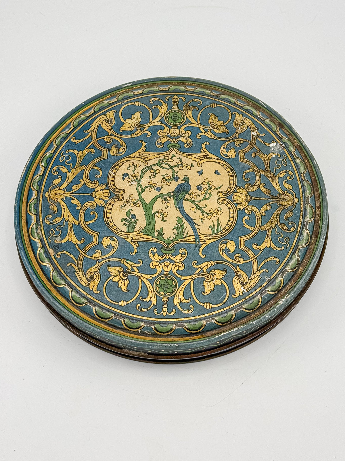 Vintage Beautebox CANCO Round Tin Box with Baroque Gold Scroll & Peacock, 9.5" Diameter