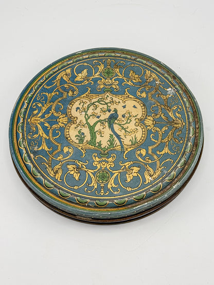 Vintage Beautebox CANCO Round Tin Box with Baroque Gold Scroll & Peacock, 9.5" Diameter