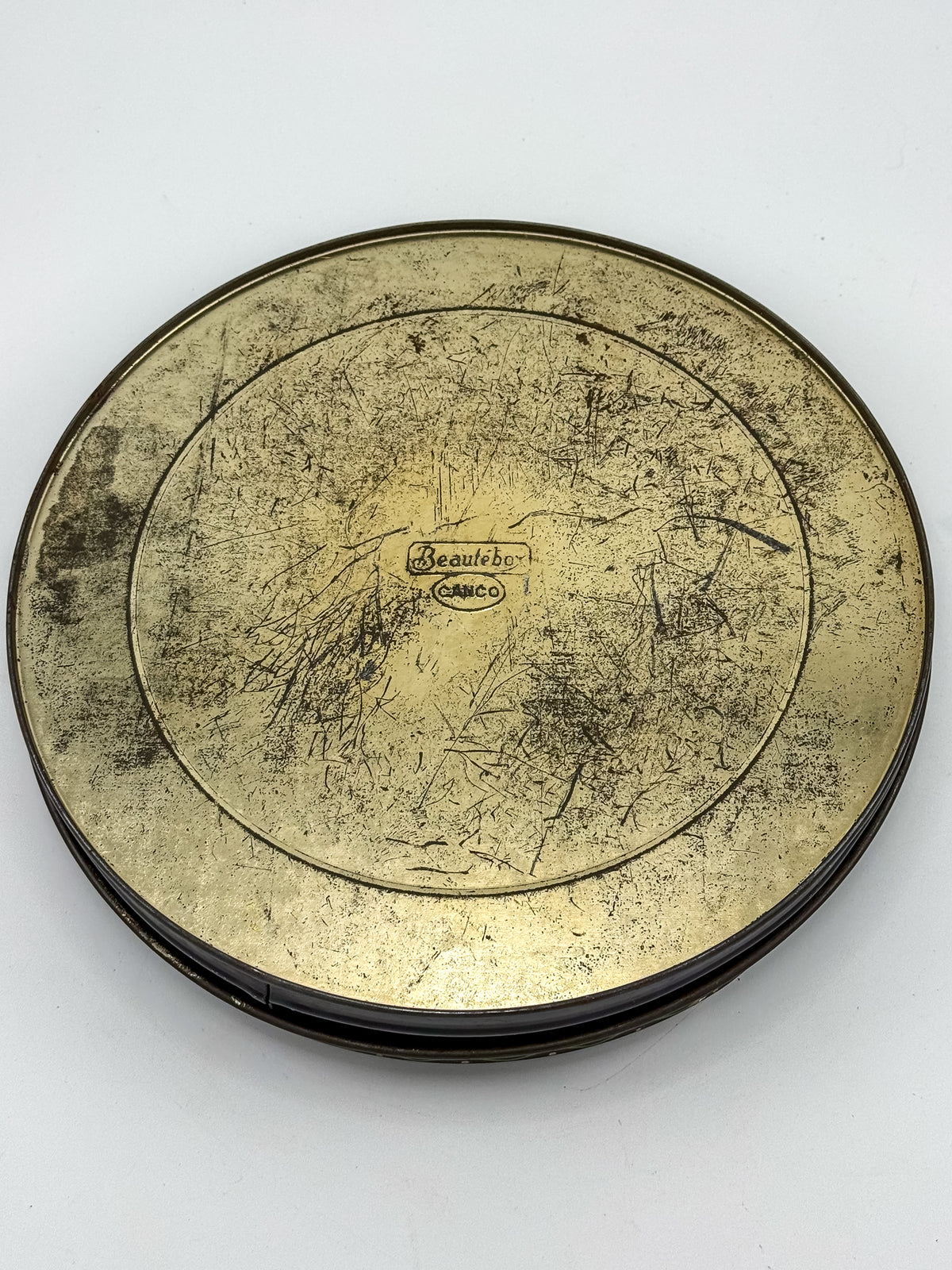 Vintage Beautebox CANCO Round Tin Box with Baroque Gold Scroll & Peacock, 9.5" Diameter
