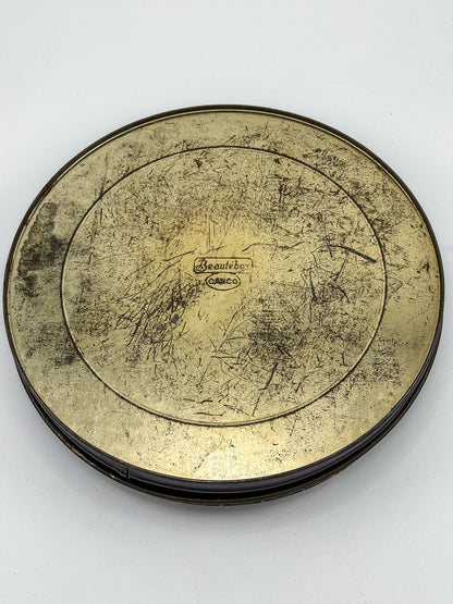 Vintage Beautebox CANCO Round Tin Box with Baroque Gold Scroll & Peacock, 9.5" Diameter
