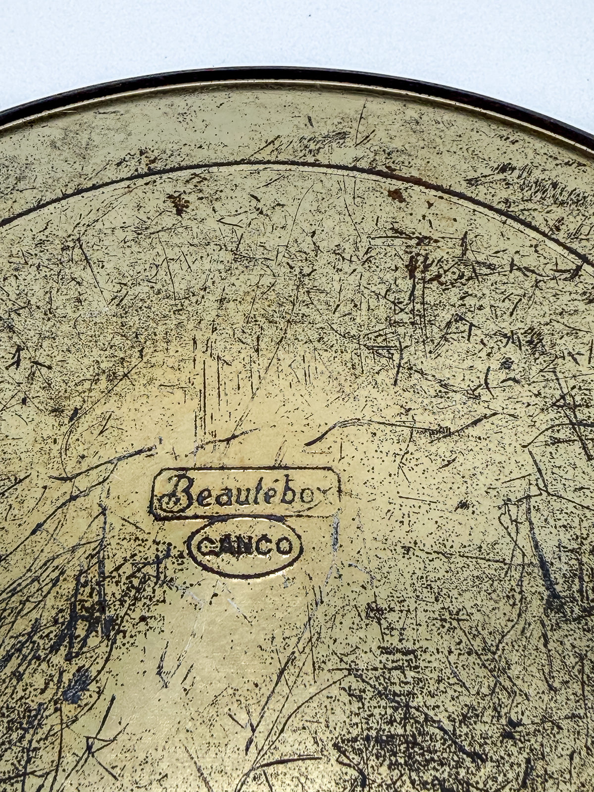 Vintage Beautebox CANCO Round Tin Box with Baroque Gold Scroll & Peacock, 9.5" Diameter