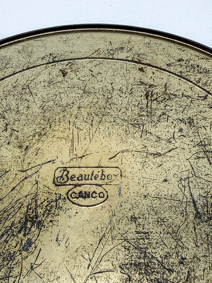 Vintage Beautebox CANCO Round Tin Box with Baroque Gold Scroll & Peacock, 9.5" Diameter
