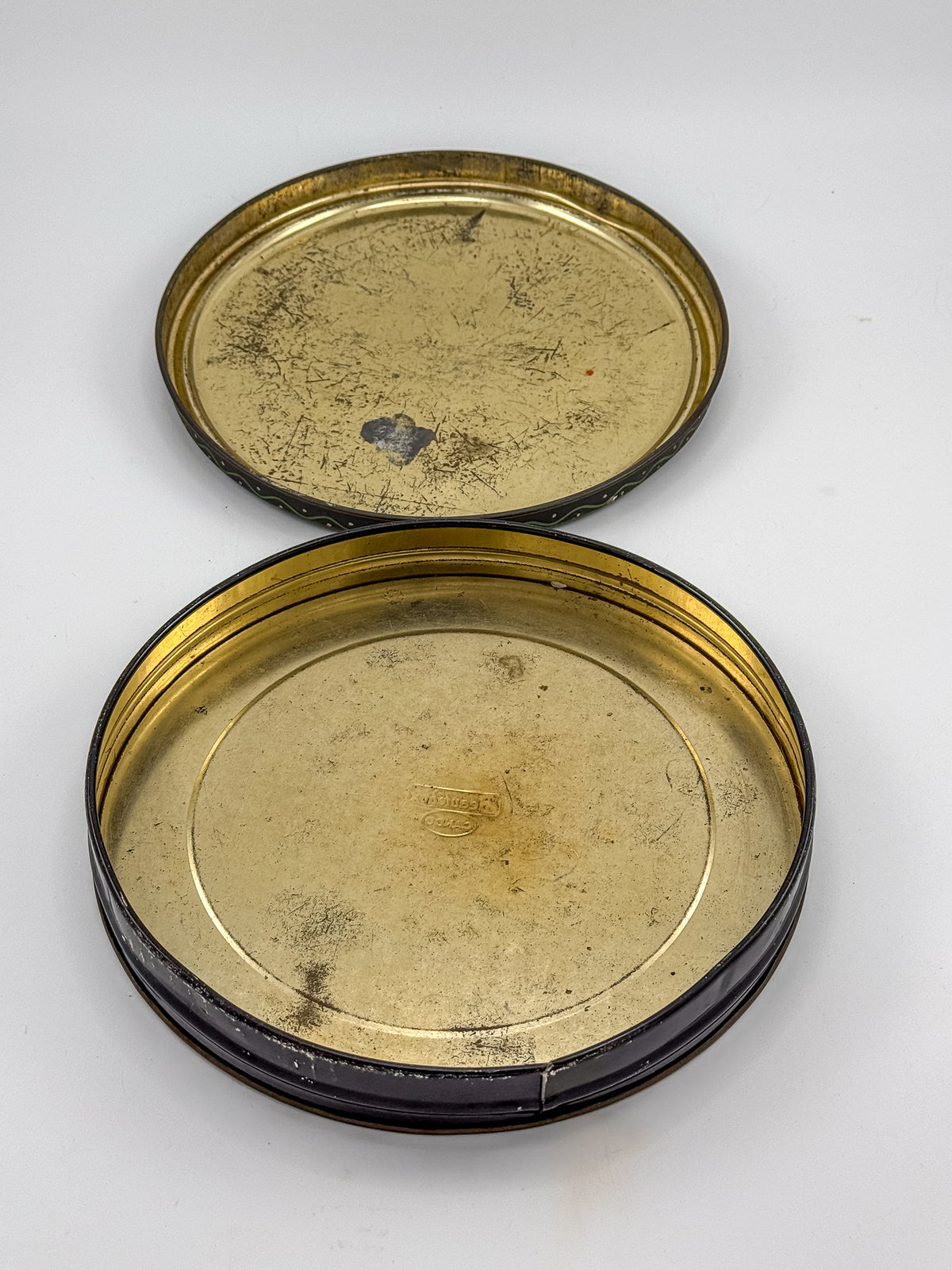 Vintage Beautebox CANCO Round Tin Box with Baroque Gold Scroll & Peacock, 9.5" Diameter