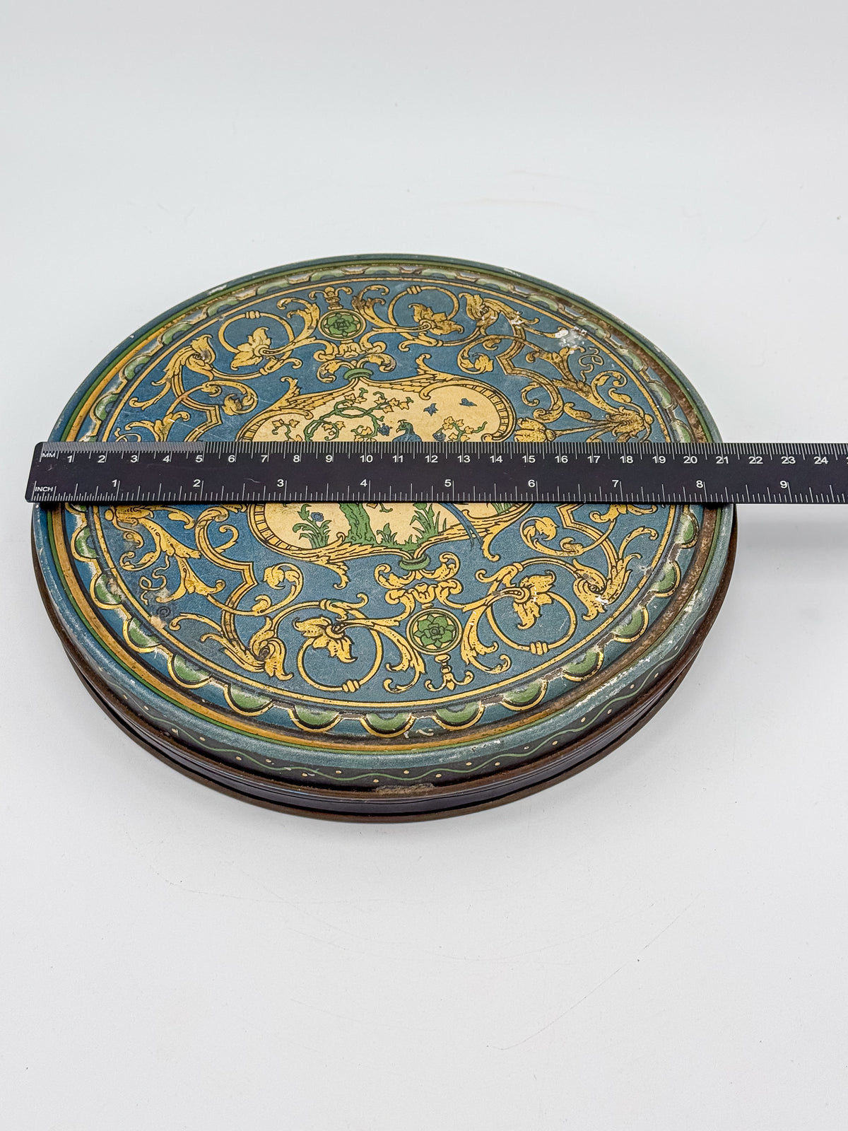 Vintage Beautebox CANCO Round Tin Box with Baroque Gold Scroll & Peacock, 9.5" Diameter
