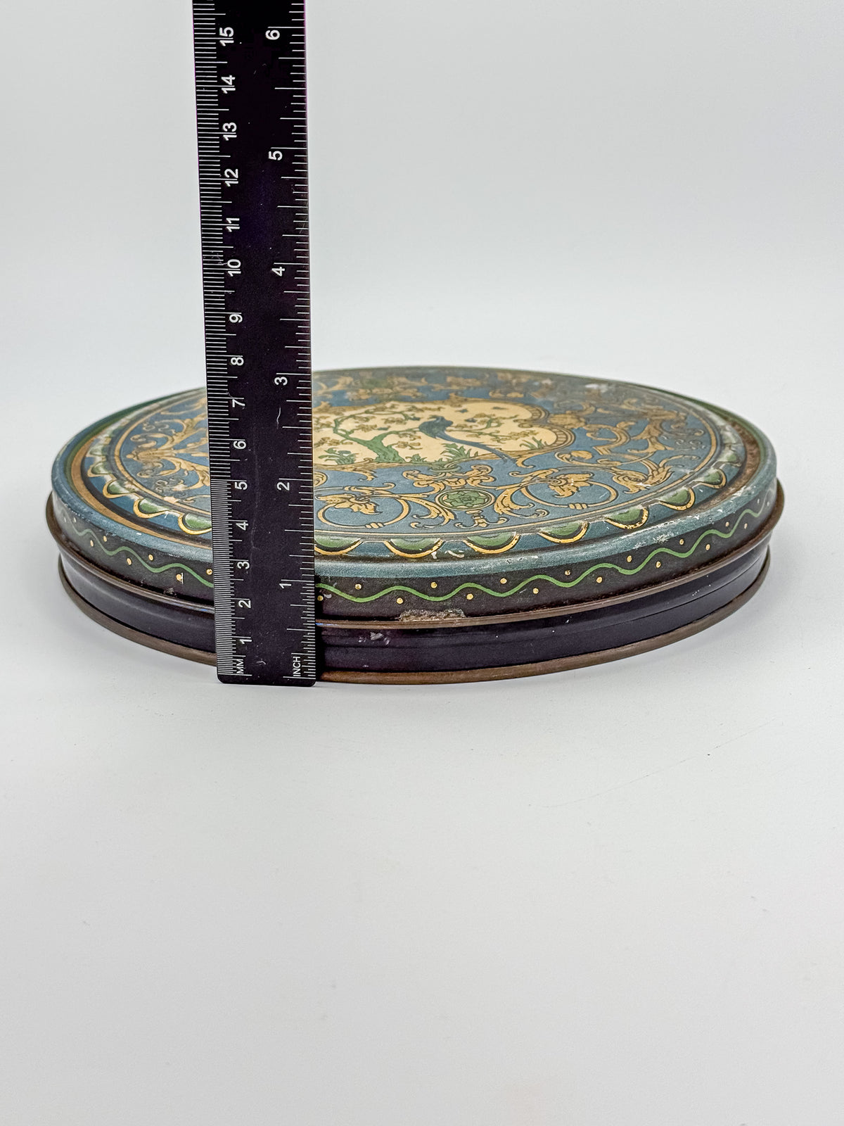 Vintage Beautebox CANCO Round Tin Box with Baroque Gold Scroll & Peacock, 9.5" Diameter