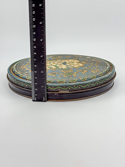 Vintage Beautebox CANCO Round Tin Box with Baroque Gold Scroll & Peacock, 9.5" Diameter