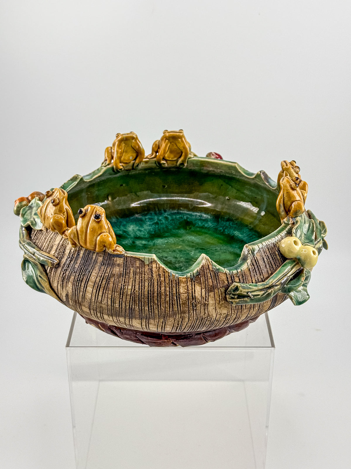Majolica Style Ceramic Frog Bowl with Applied Frog Figurines, Teal Glaze, ~9" Diameter