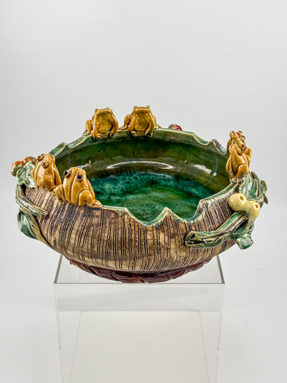 Majolica Style Ceramic Frog Bowl with Applied Frog Figurines, Teal Glaze, ~9" Diameter