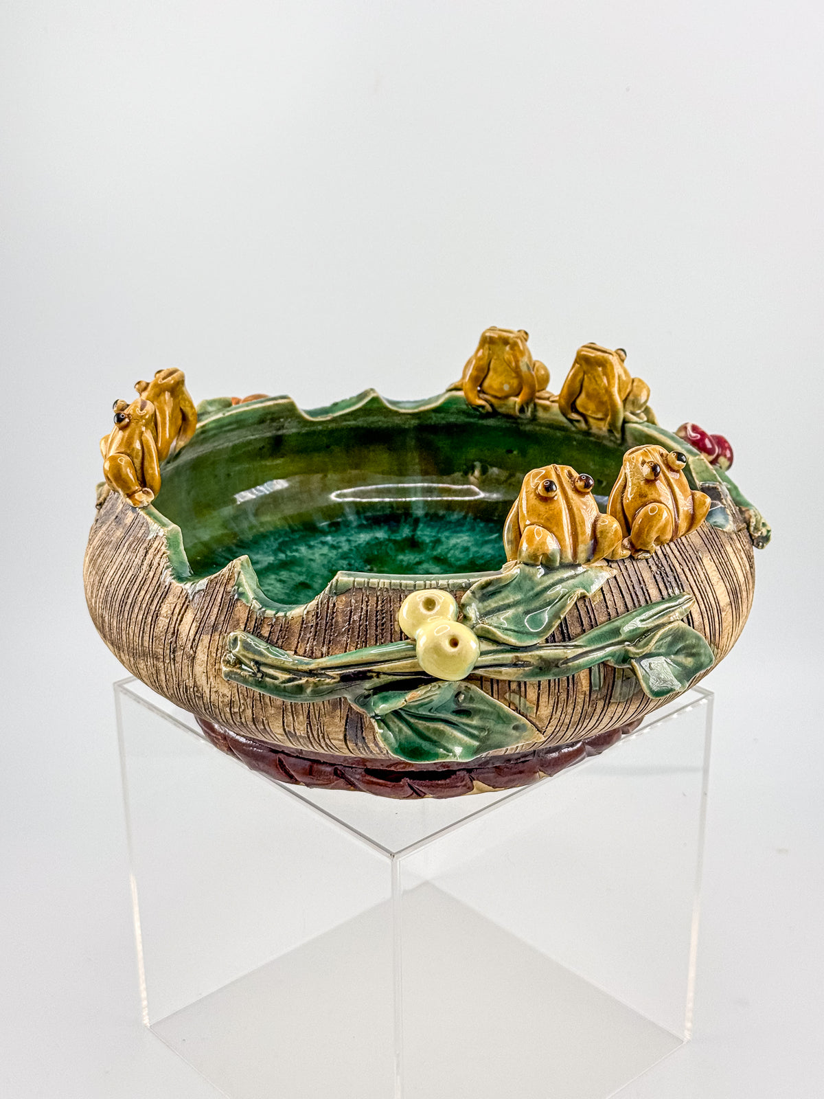 Majolica Style Ceramic Frog Bowl with Applied Frog Figurines, Teal Glaze, ~9" Diameter