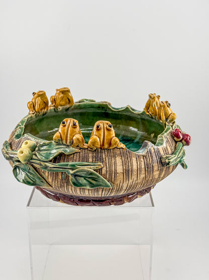 Majolica Style Ceramic Frog Bowl with Applied Frog Figurines, Teal Glaze, ~9" Diameter