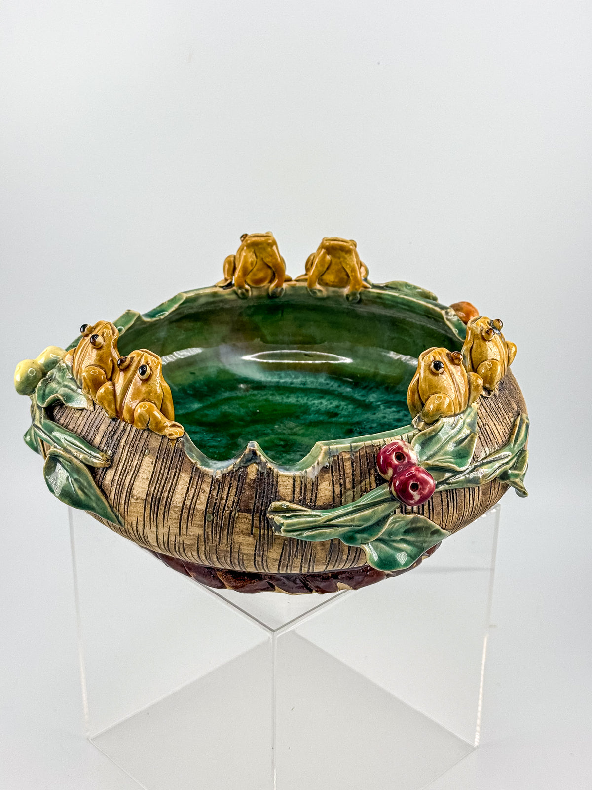 Majolica Style Ceramic Frog Bowl with Applied Frog Figurines, Teal Glaze, ~9" Diameter