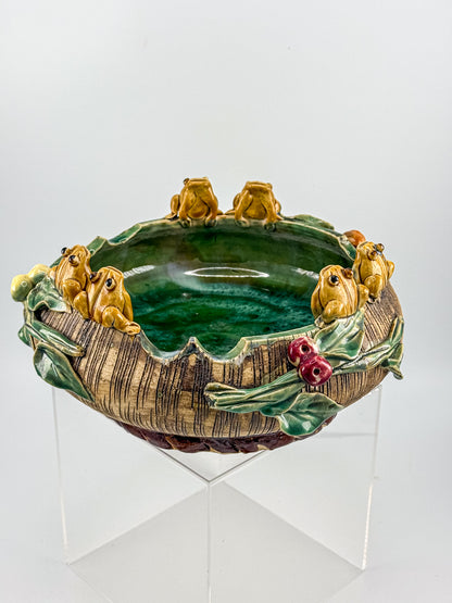 Majolica Style Ceramic Frog Bowl with Applied Frog Figurines, Teal Glaze, ~9" Diameter