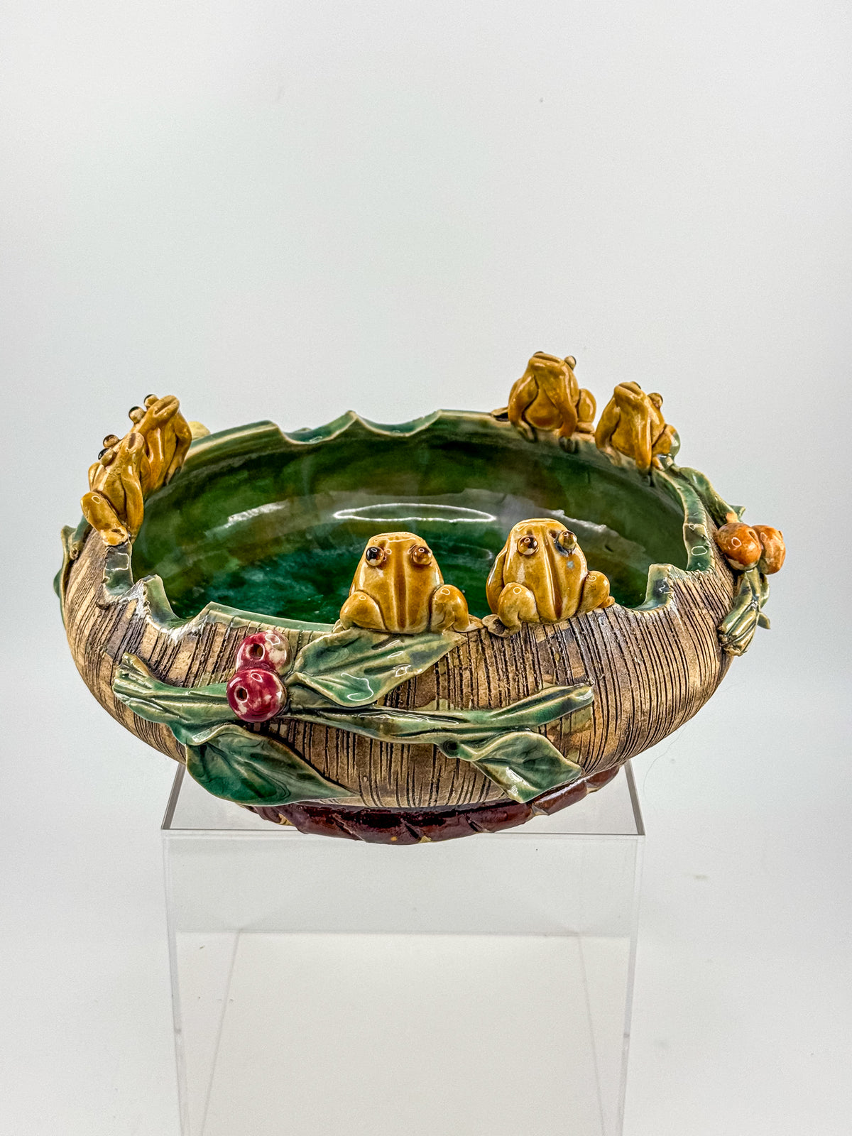 Majolica Style Ceramic Frog Bowl with Applied Frog Figurines, Teal Glaze, ~9" Diameter