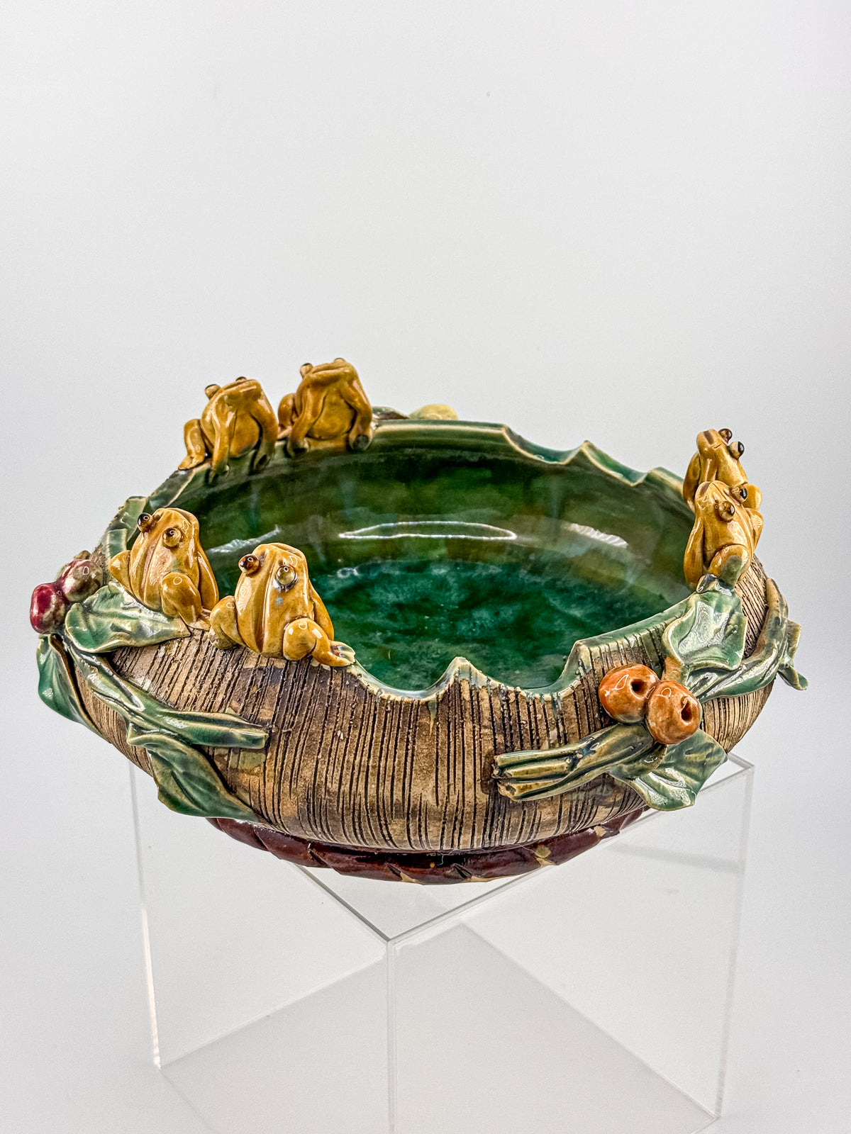 Majolica Style Ceramic Frog Bowl with Applied Frog Figurines, Teal Glaze, ~9" Diameter
