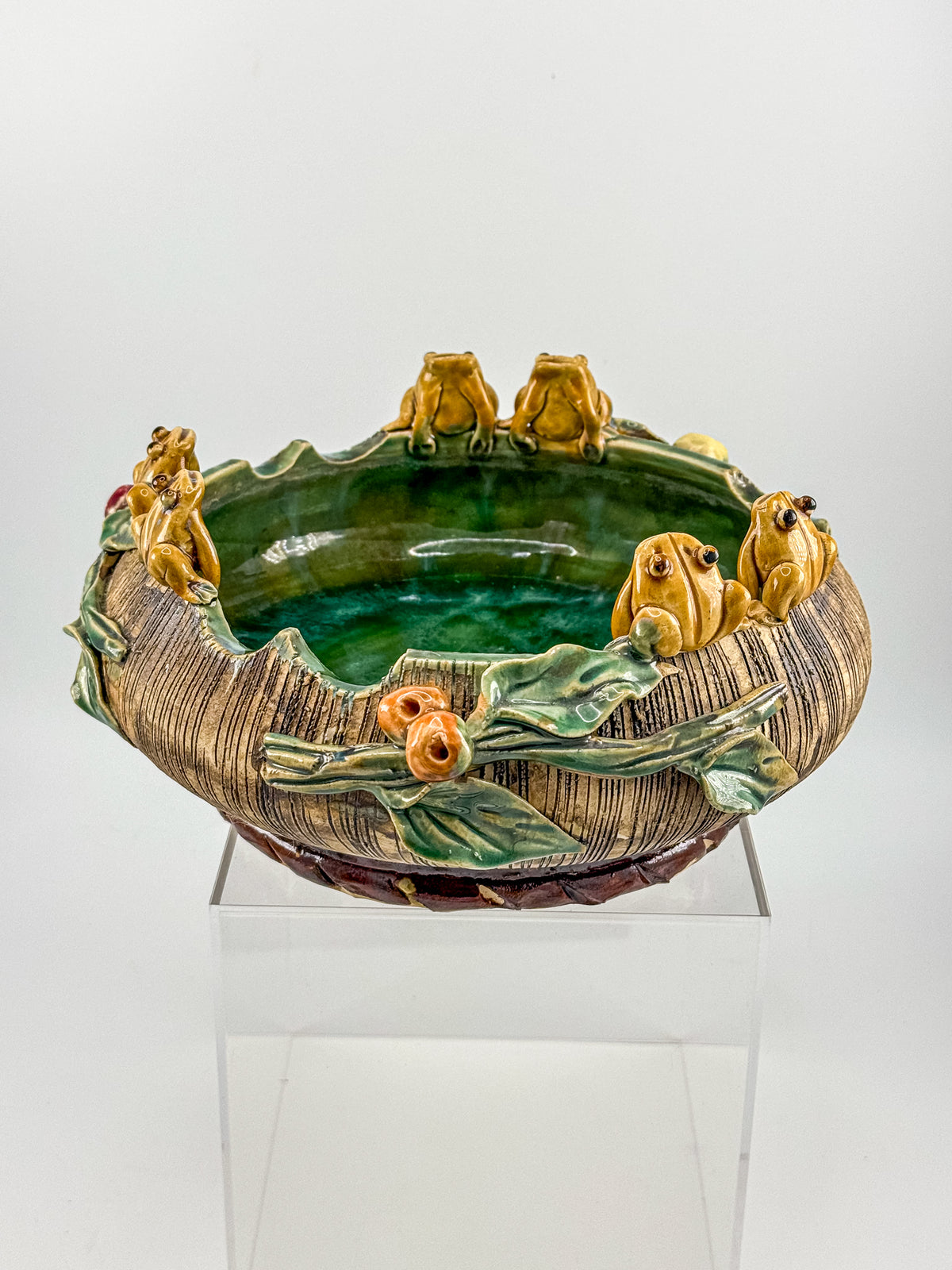 Majolica Style Ceramic Frog Bowl with Applied Frog Figurines, Teal Glaze, ~9" Diameter
