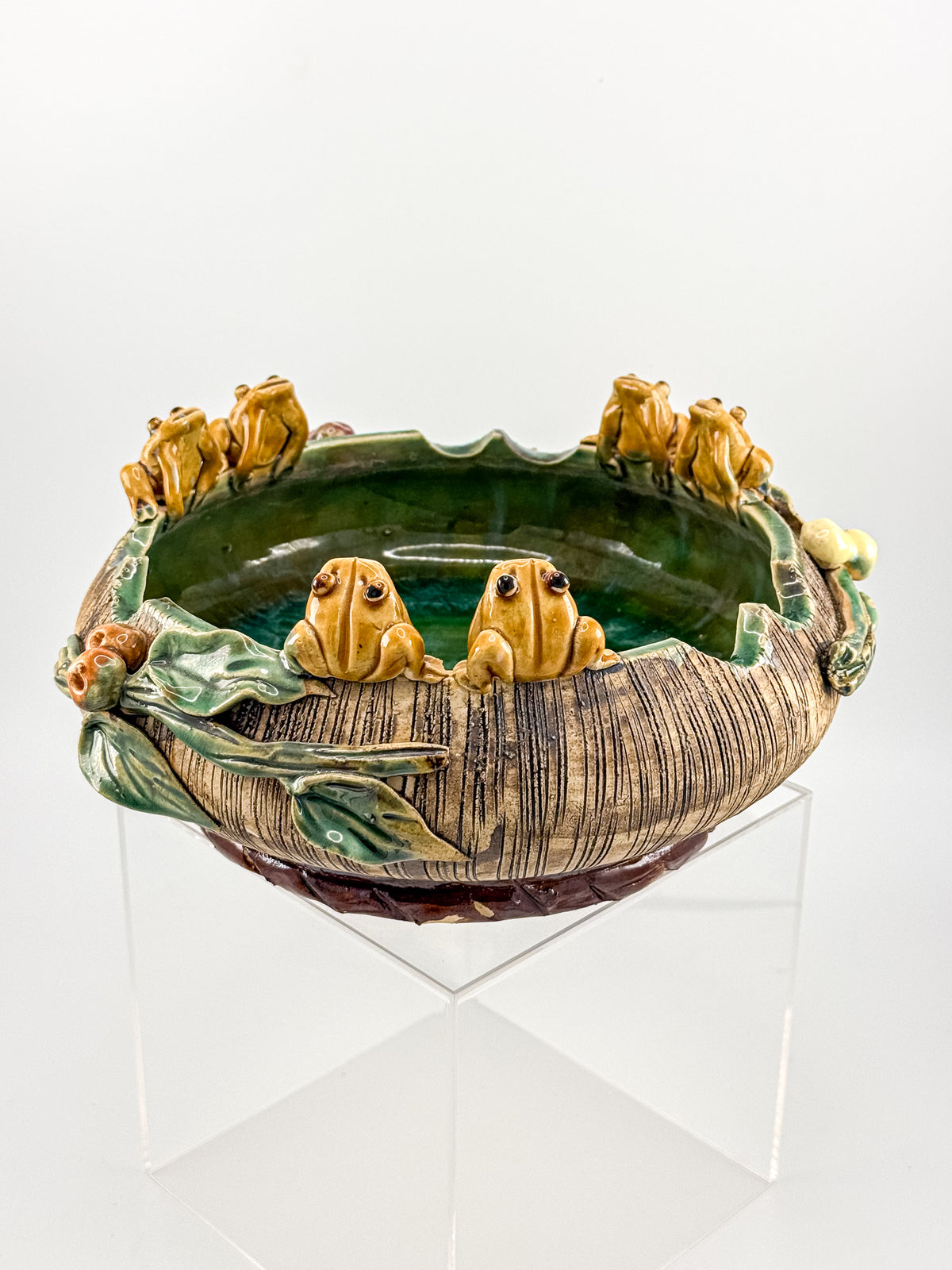 Majolica Style Ceramic Frog Bowl with Applied Frog Figurines, Teal Glaze, ~9" Diameter