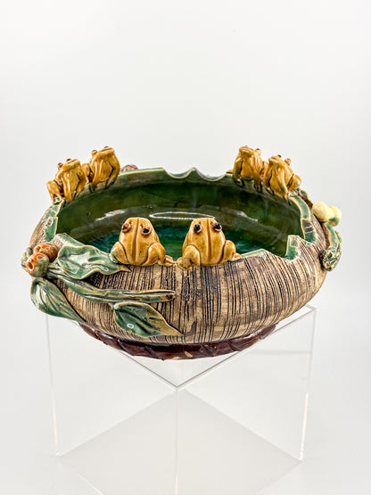 Majolica Style Ceramic Frog Bowl with Applied Frog Figurines, Teal Glaze, ~9" Diameter