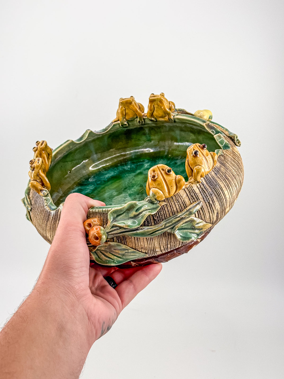 Majolica Style Ceramic Frog Bowl with Applied Frog Figurines, Teal Glaze, ~9" Diameter