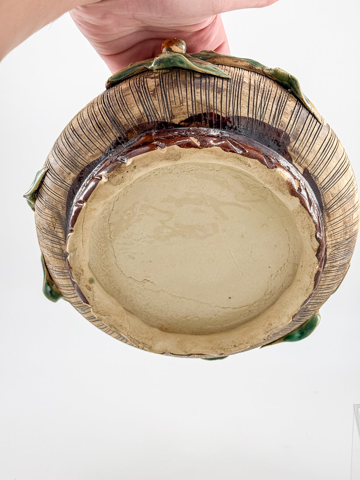 Majolica Style Ceramic Frog Bowl with Applied Frog Figurines, Teal Glaze, ~9" Diameter