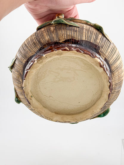 Majolica Style Ceramic Frog Bowl with Applied Frog Figurines, Teal Glaze, ~9" Diameter