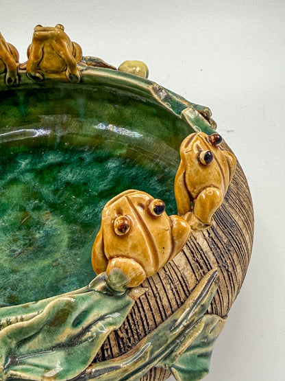 Majolica Style Ceramic Frog Bowl with Applied Frog Figurines, Teal Glaze, ~9" Diameter