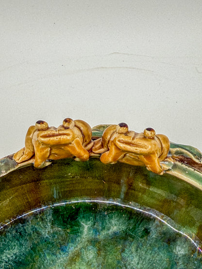 Majolica Style Ceramic Frog Bowl with Applied Frog Figurines, Teal Glaze, ~9" Diameter