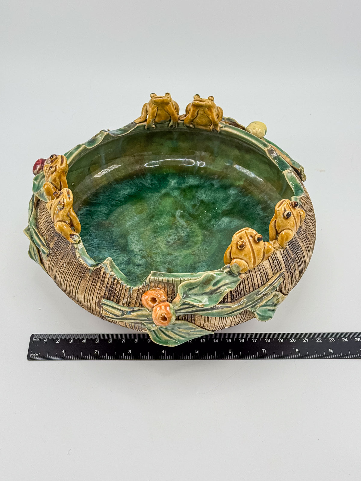 Majolica Style Ceramic Frog Bowl with Applied Frog Figurines, Teal Glaze, ~9" Diameter