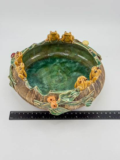Majolica Style Ceramic Frog Bowl with Applied Frog Figurines, Teal Glaze, ~9" Diameter