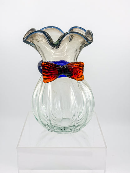 Vintage Hand-Blown Art Glass Vase with Ruffled Rim, Cobalt Blue Collar and Applied Red Glass Bow, 7" Tall