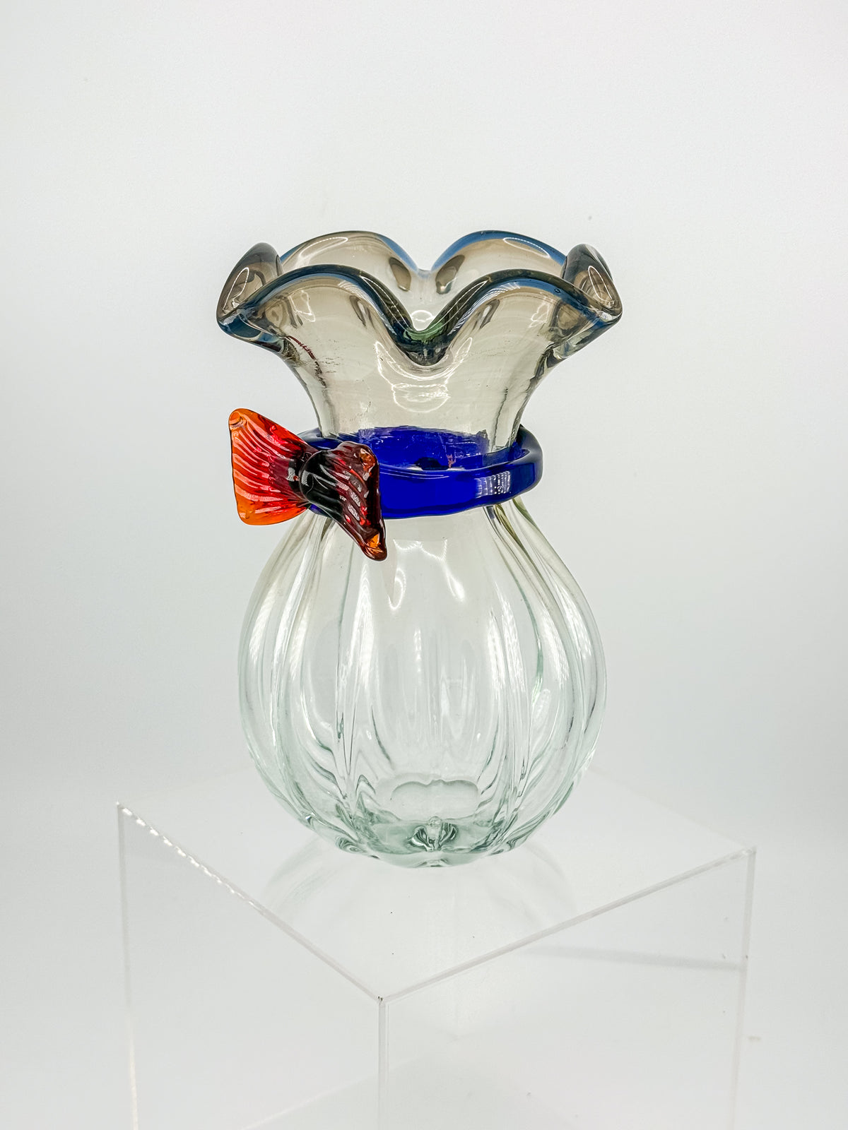 Vintage Hand-Blown Art Glass Vase with Ruffled Rim, Cobalt Blue Collar and Applied Red Glass Bow, 7" Tall