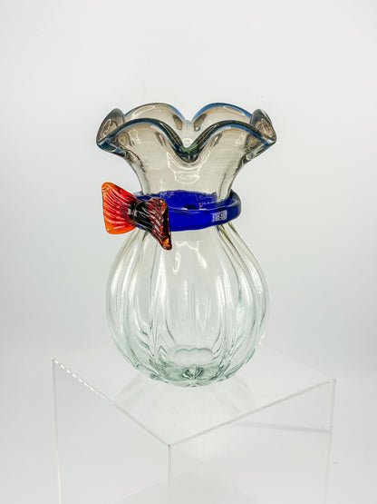 Vintage Hand-Blown Art Glass Vase with Ruffled Rim, Cobalt Blue Collar and Applied Red Glass Bow, 7" Tall