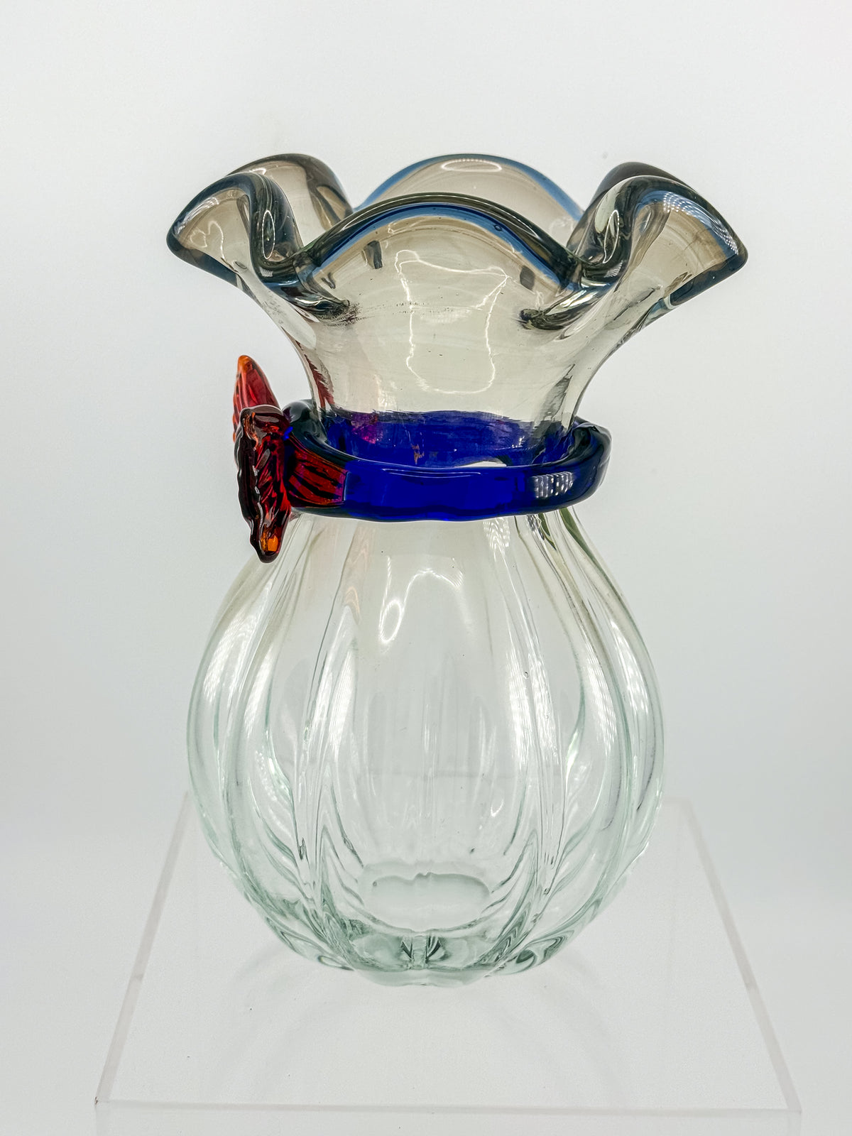 Vintage Hand-Blown Art Glass Vase with Ruffled Rim, Cobalt Blue Collar and Applied Red Glass Bow, 7" Tall