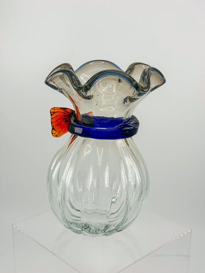 Vintage Hand-Blown Art Glass Vase with Ruffled Rim, Cobalt Blue Collar and Applied Red Glass Bow, 7" Tall