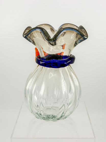 Vintage Hand-Blown Art Glass Vase with Ruffled Rim, Cobalt Blue Collar and Applied Red Glass Bow, 7" Tall