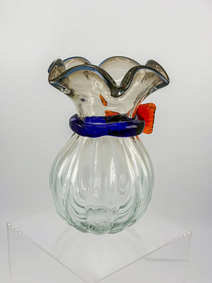 Vintage Hand-Blown Art Glass Vase with Ruffled Rim, Cobalt Blue Collar and Applied Red Glass Bow, 7" Tall