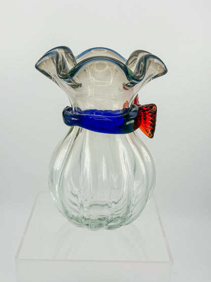 Vintage Hand-Blown Art Glass Vase with Ruffled Rim, Cobalt Blue Collar and Applied Red Glass Bow, 7" Tall
