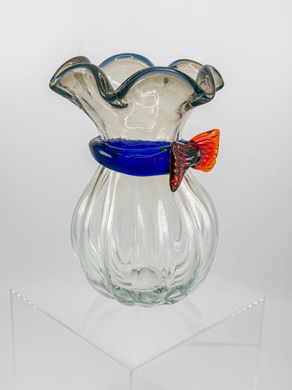 Vintage Hand-Blown Art Glass Vase with Ruffled Rim, Cobalt Blue Collar and Applied Red Glass Bow, 7" Tall