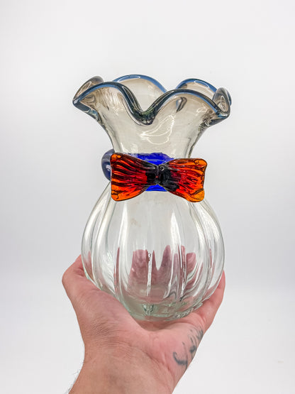 Vintage Hand-Blown Art Glass Vase with Ruffled Rim, Cobalt Blue Collar and Applied Red Glass Bow, 7" Tall