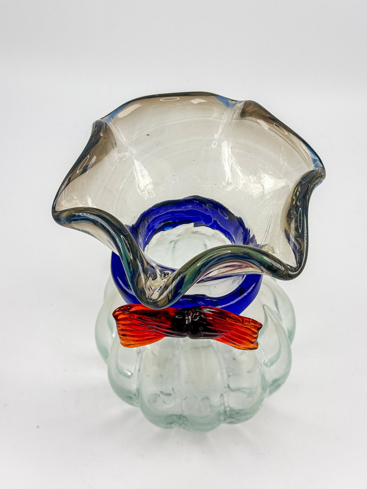 Vintage Hand-Blown Art Glass Vase with Ruffled Rim, Cobalt Blue Collar and Applied Red Glass Bow, 7" Tall